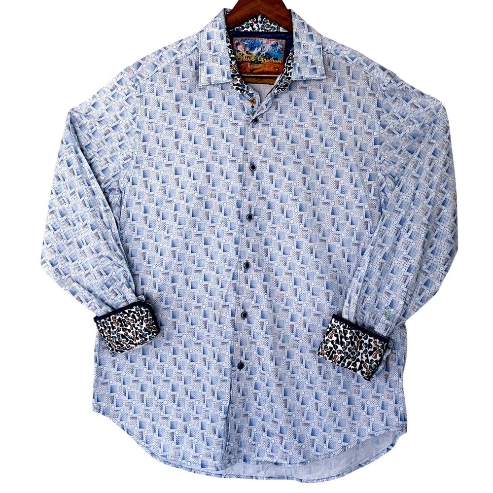 Robert Graham Mens Blue Geometric Mosaic Print Button Down Shirt Classic Fit L